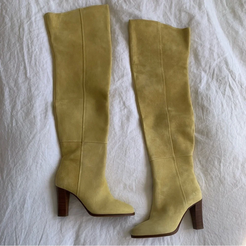 Sezane Anaelle Thigh High Suede Leather Over The Knee Pointy Boots Lemon Yellow